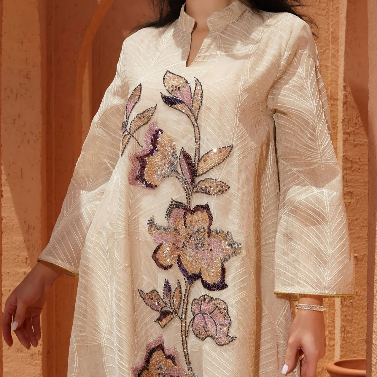 Embroidered Organza Abaya with Sequin Appliqués | Collared Floral Gown (MA373) - Image 5