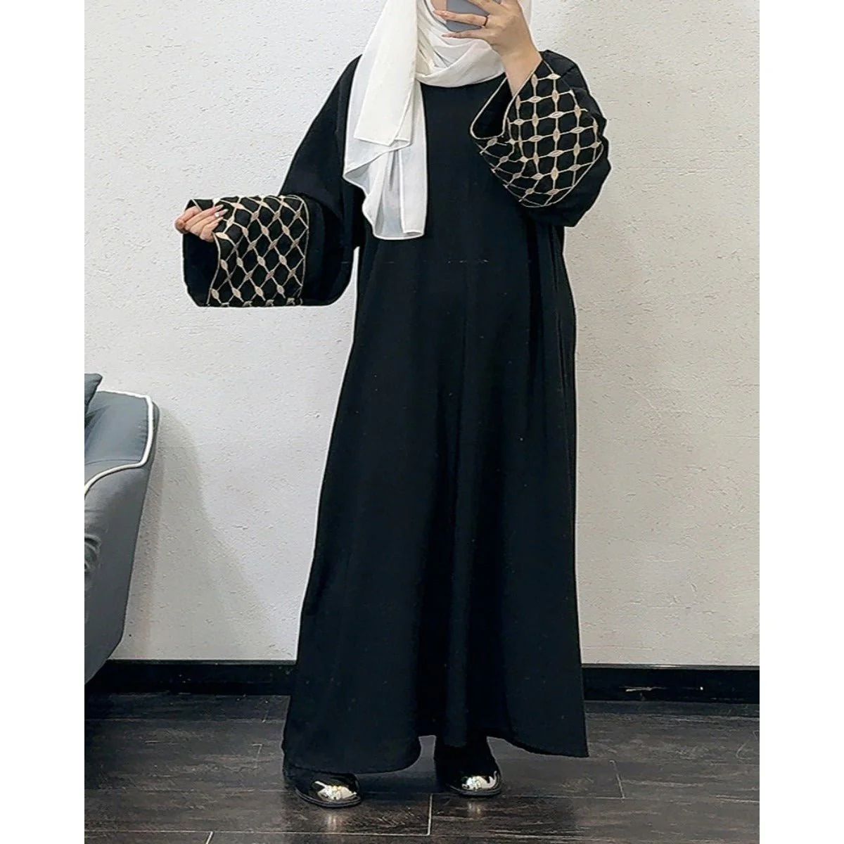 Embroidered Pattern Abaya Robe Dress - Modest Muslim Long Sleeve Maxi with Detachable Belt(MA272) - Image 10