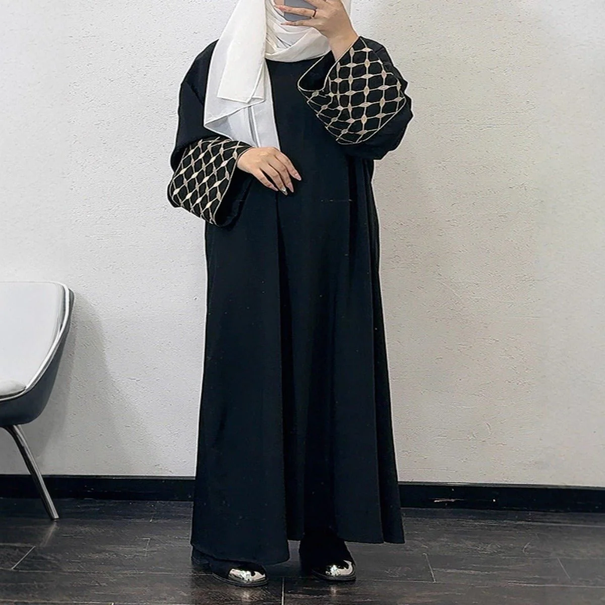 Embroidered Pattern Abaya Robe Dress - Modest Muslim Long Sleeve Maxi with Detachable Belt(MA272) - Image 7