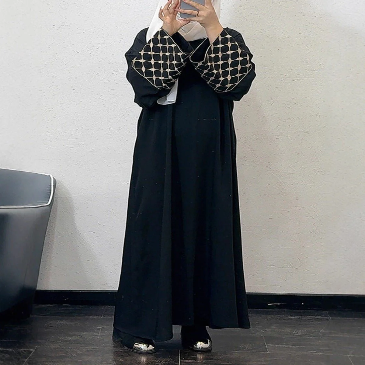 Embroidered Pattern Abaya Robe Dress - Modest Muslim Long Sleeve Maxi with Detachable Belt(MA272) - Image 8