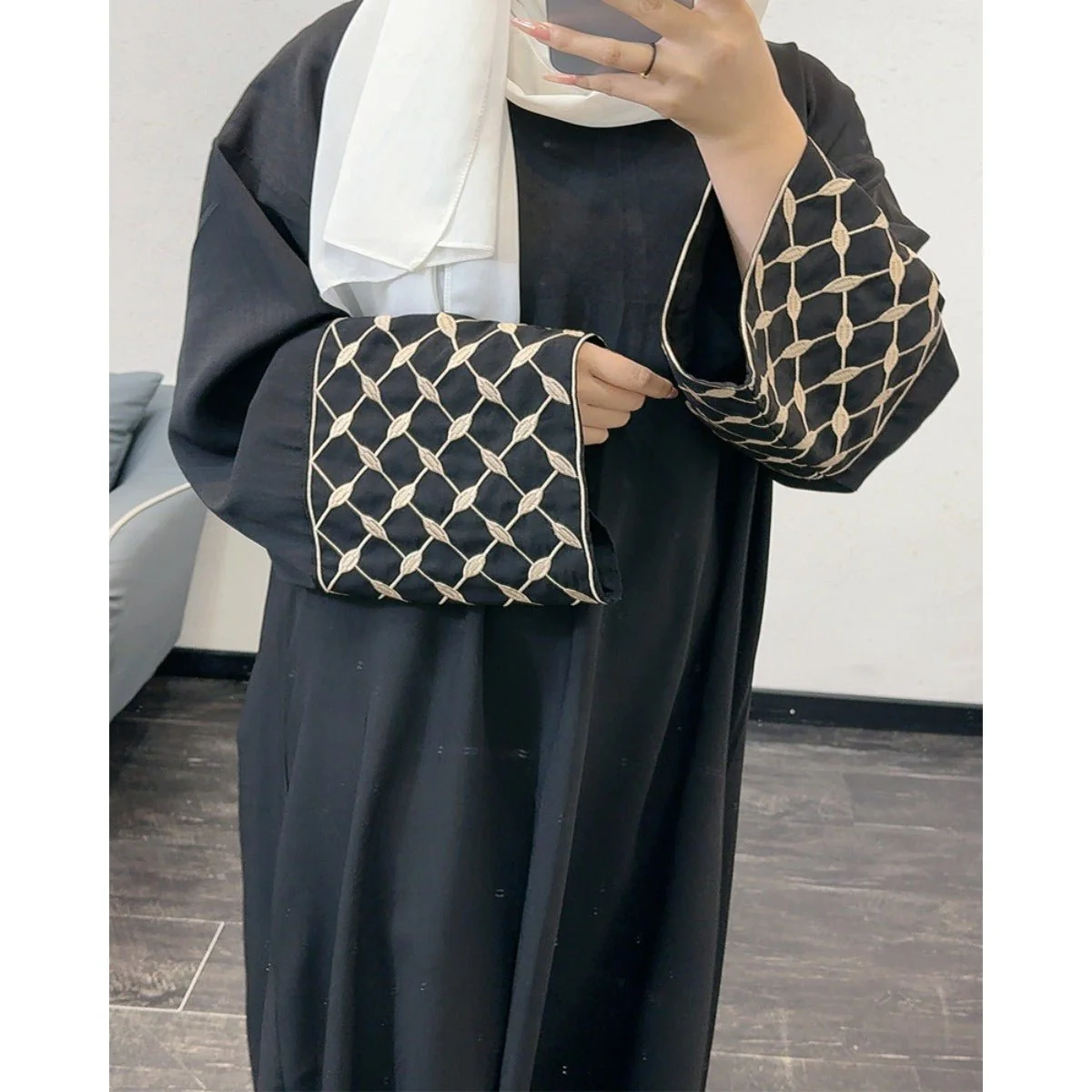 Embroidered Pattern Abaya Robe Dress - Modest Muslim Long Sleeve Maxi with Detachable Belt(MA272) - Image 9
