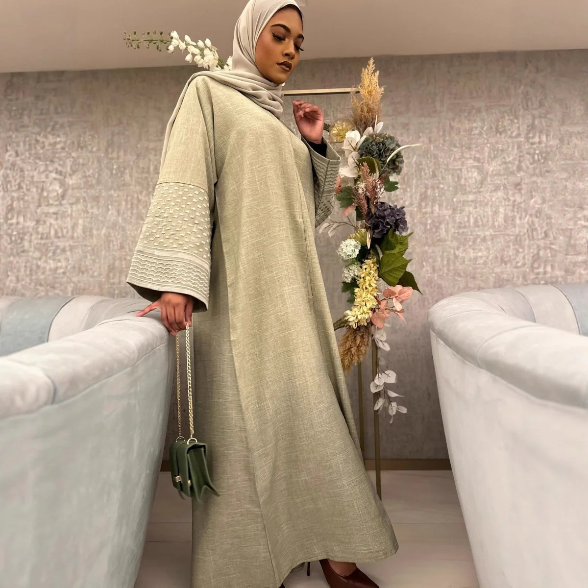 Embroidered Sleeve Abaya | Textured Open-Front Cardigan with Bell Sleeves (MOA263) - Image 3