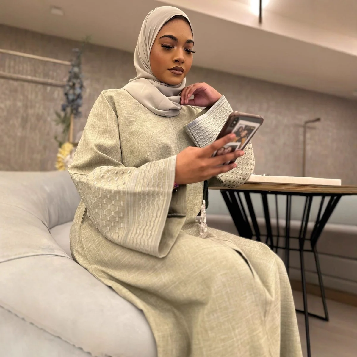 Embroidered Sleeve Abaya | Textured Open-Front Cardigan with Bell Sleeves (MOA263) - Image 4