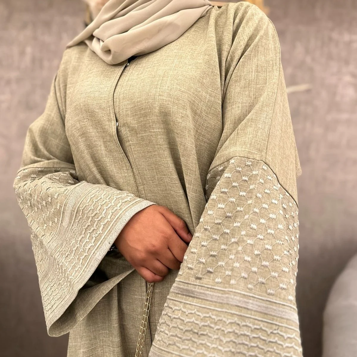 Embroidered Sleeve Abaya | Textured Open-Front Cardigan with Bell Sleeves (MOA263) - Image 6