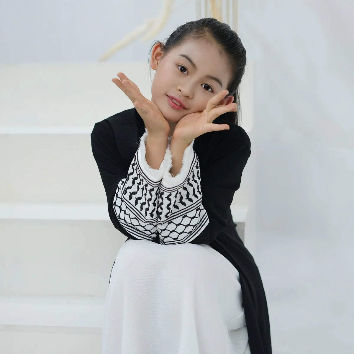 Embroidery Tassels Keffiyeh Children's Abaya (MKG014) - Image 3