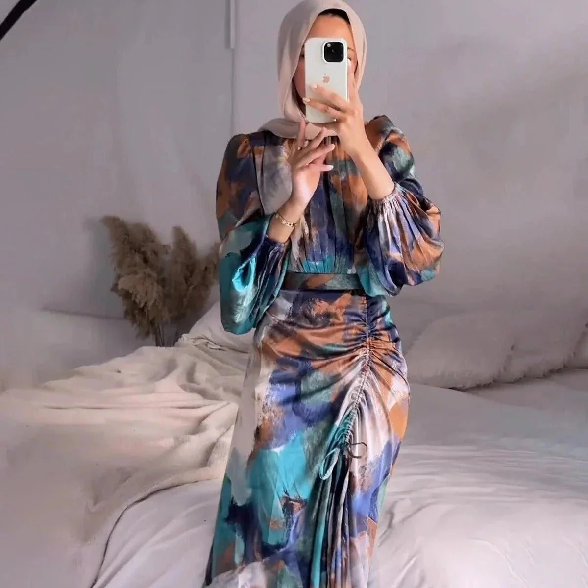 Exotic Print Pleated Bell Sleeve Abaya (MA166) - Image 3