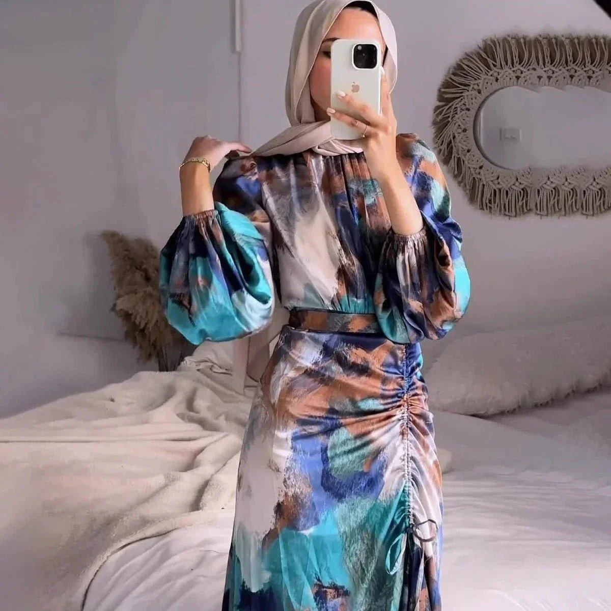 Exotic Print Pleated Bell Sleeve Abaya (MA166) - Image 4