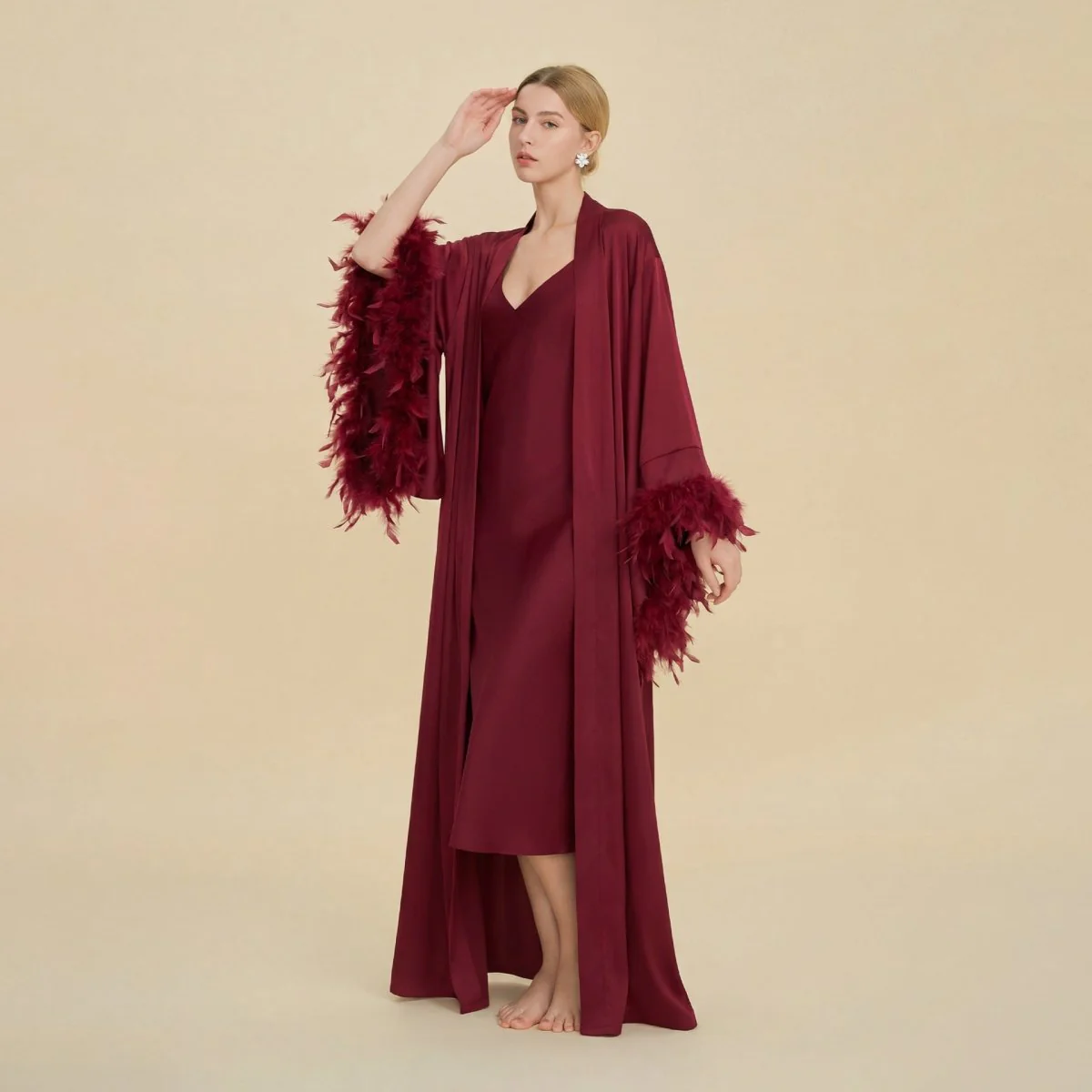 Feather-Trimmed Kimono Robe Abaya (MOA293) - Image 2