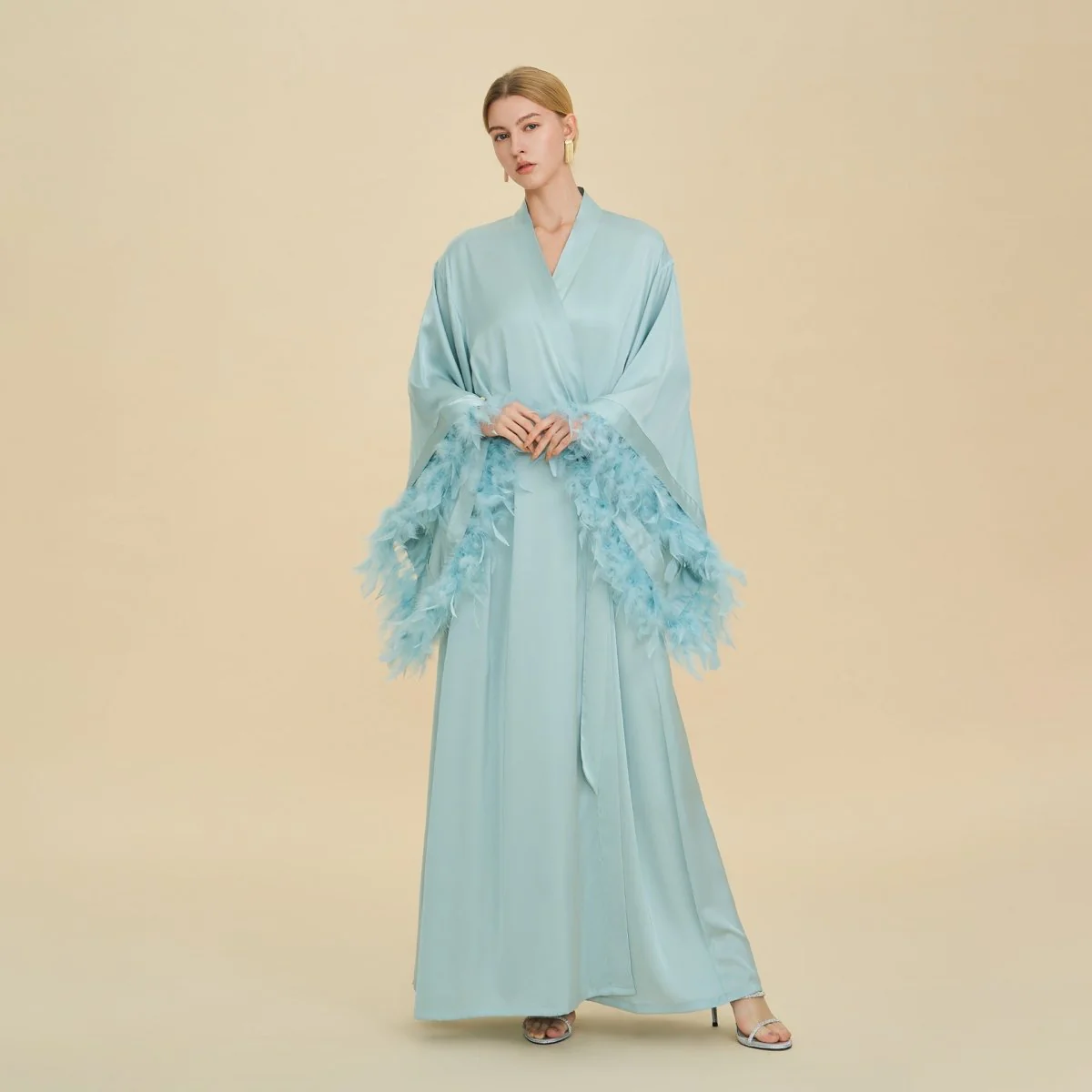 Feather-Trimmed Kimono Robe Abaya (MOA293) - Image 3