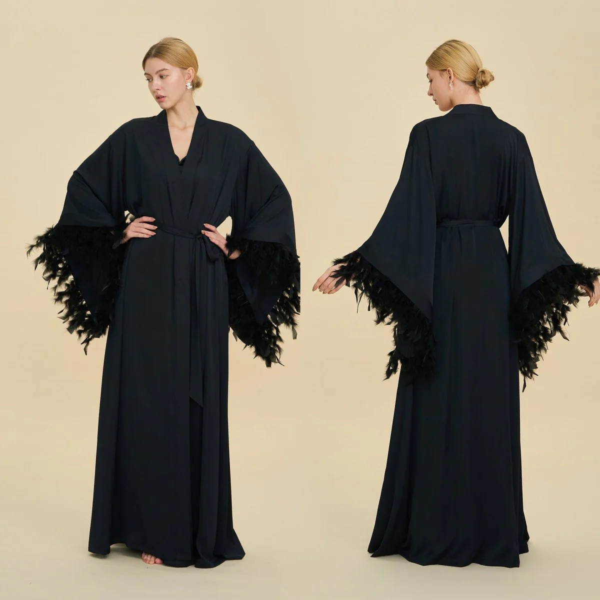 Feather-Trimmed Kimono Robe Abaya (MOA293) - Image 5