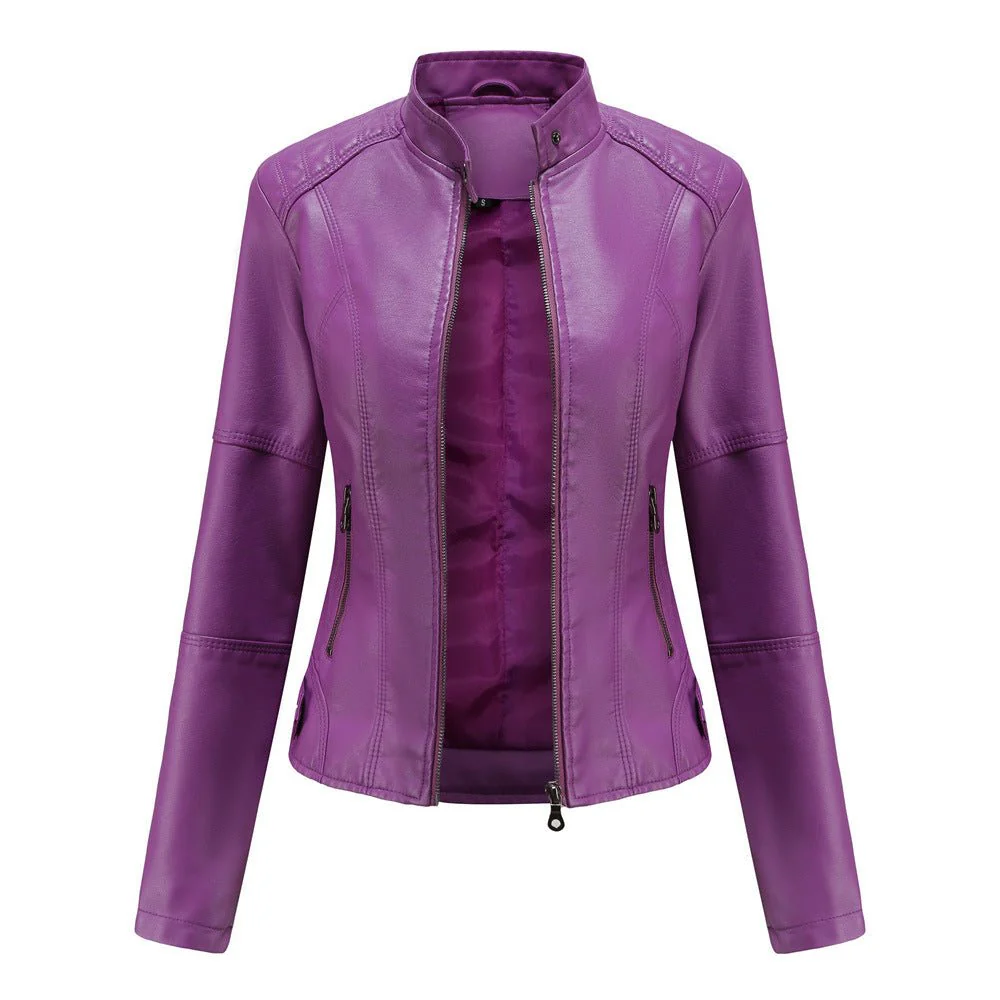 Fitted Moto Jacket | Stand Collar Faux Leather Biker Jacket(MS246) - Image 10