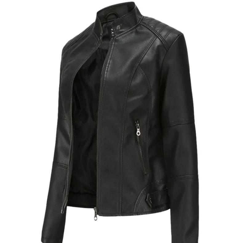 Fitted Moto Jacket | Stand Collar Faux Leather Biker Jacket(MS246) - Image 15