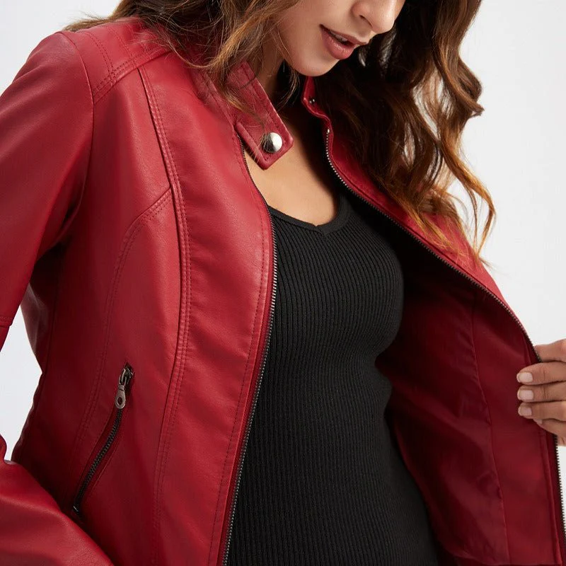 Fitted Moto Jacket | Stand Collar Faux Leather Biker Jacket(MS246) - Image 20