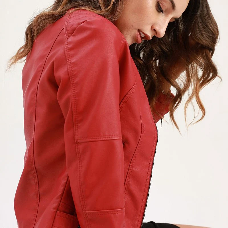 Fitted Moto Jacket | Stand Collar Faux Leather Biker Jacket(MS246) - Image 21