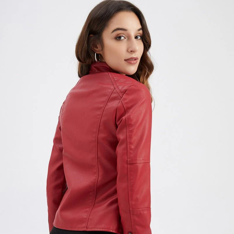 Fitted Moto Jacket | Stand Collar Faux Leather Biker Jacket(MS246) - Image 22