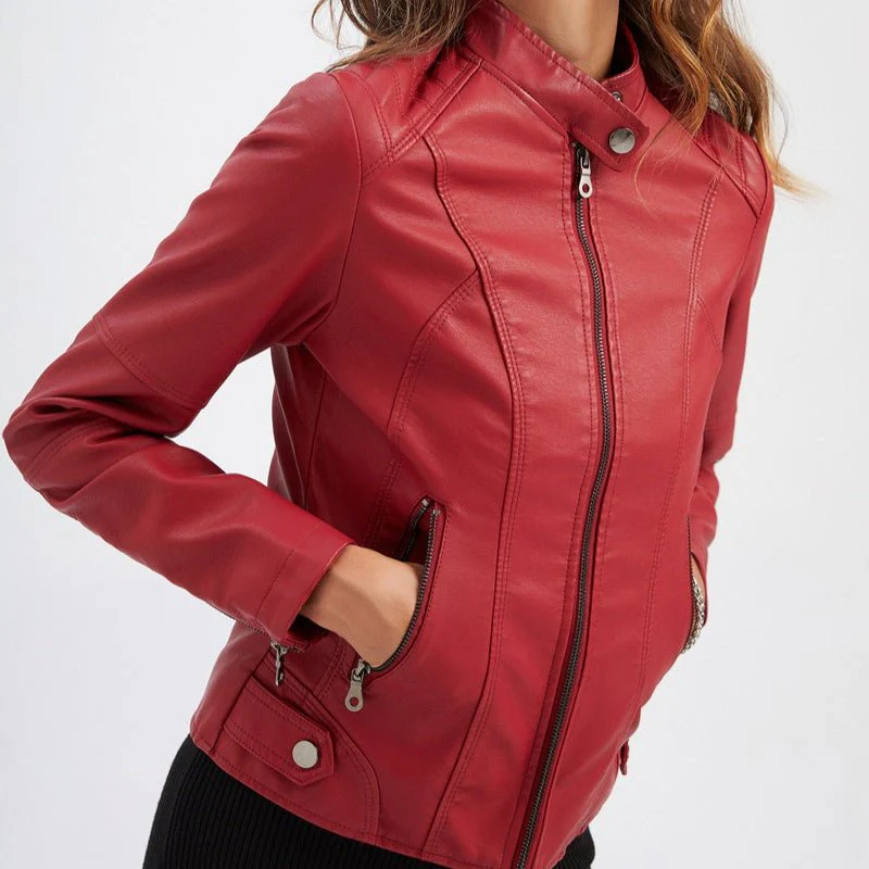 Fitted Moto Jacket | Stand Collar Faux Leather Biker Jacket(MS246) - Image 23
