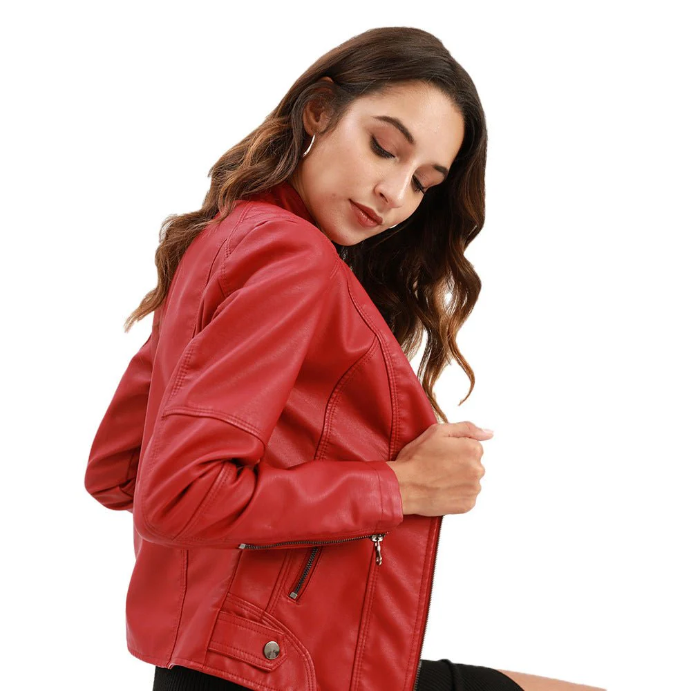 Fitted Moto Jacket | Stand Collar Faux Leather Biker Jacket(MS246) - Image 4
