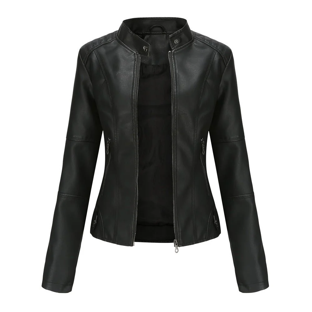 Fitted Moto Jacket | Stand Collar Faux Leather Biker Jacket(MS246) - Image 5