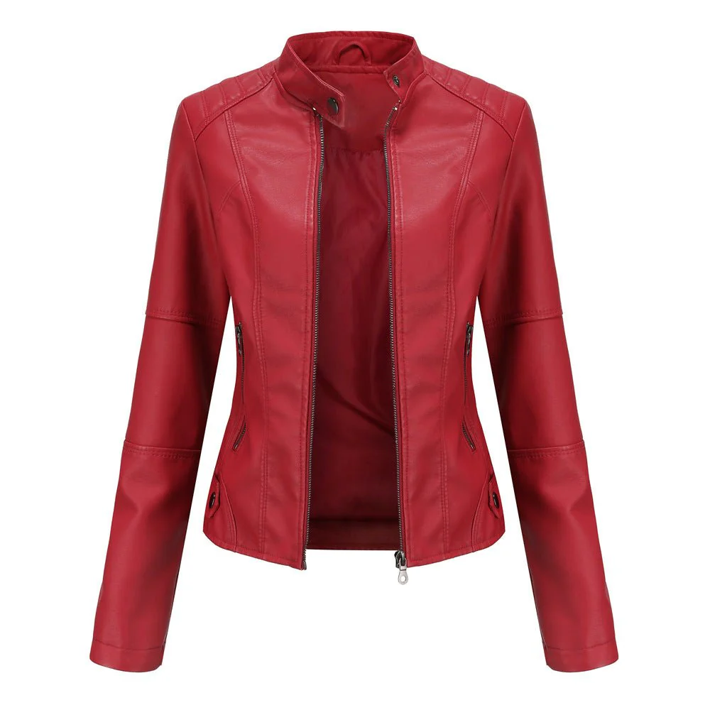 Fitted Moto Jacket | Stand Collar Faux Leather Biker Jacket(MS246) - Image 6