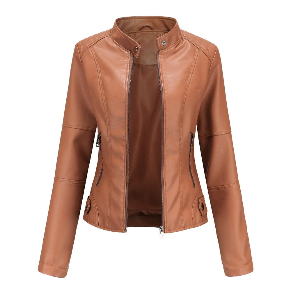 Fitted Moto Jacket | Stand Collar Faux Leather Biker Jacket(MS246) - Image 7