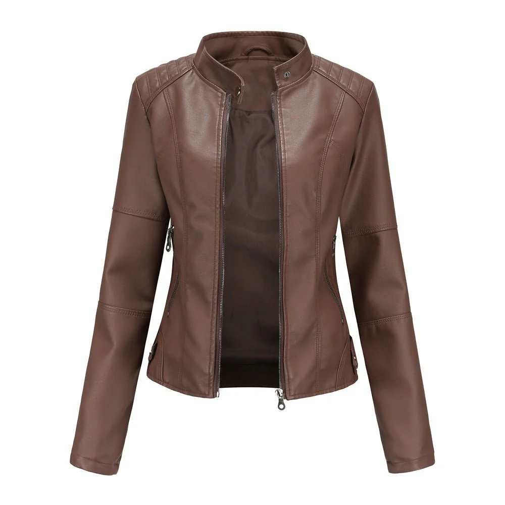 Fitted Moto Jacket | Stand Collar Faux Leather Biker Jacket(MS246) - Image 9