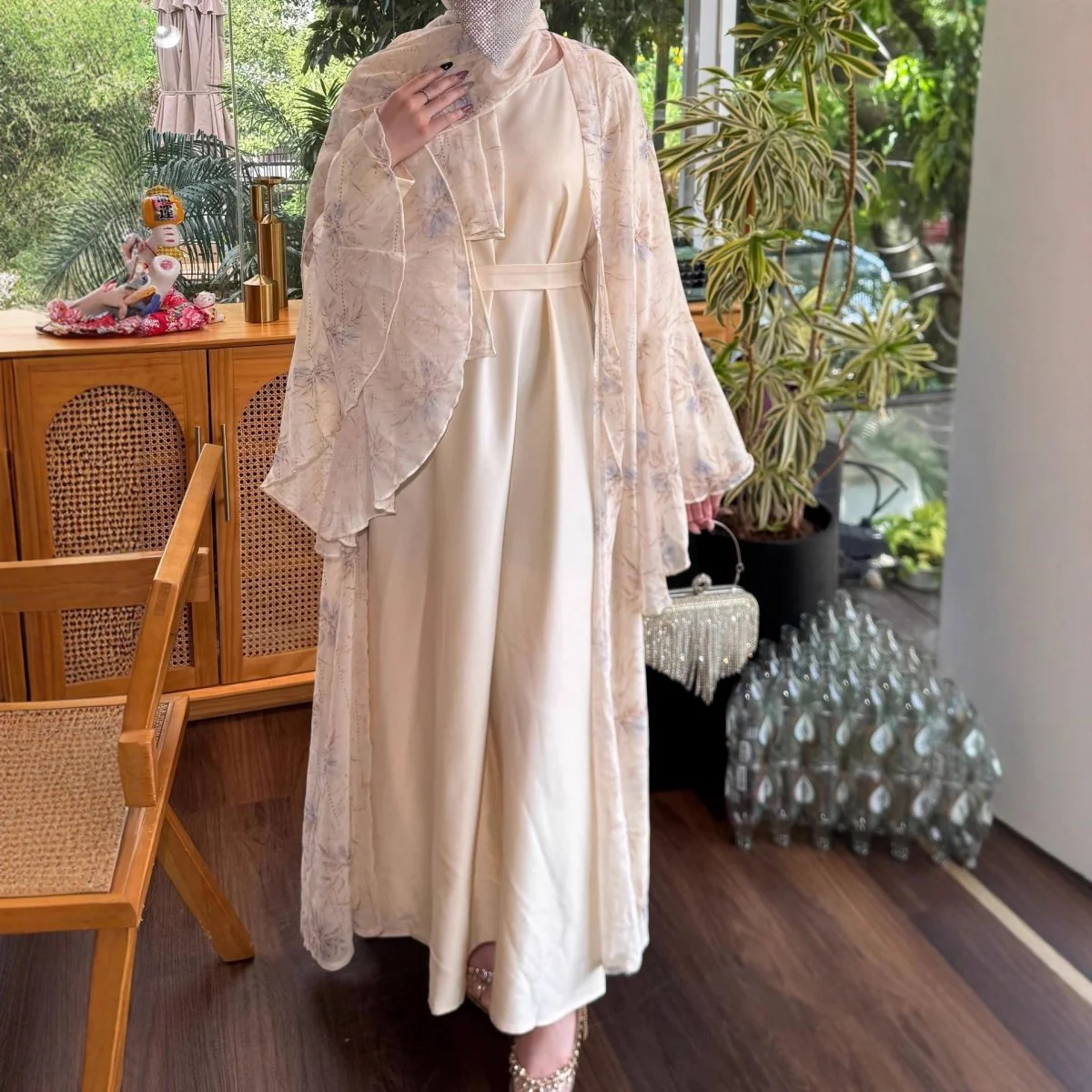 Floral Chiffon 3-Piece Open Abaya Set(MOA301) - Image 3
