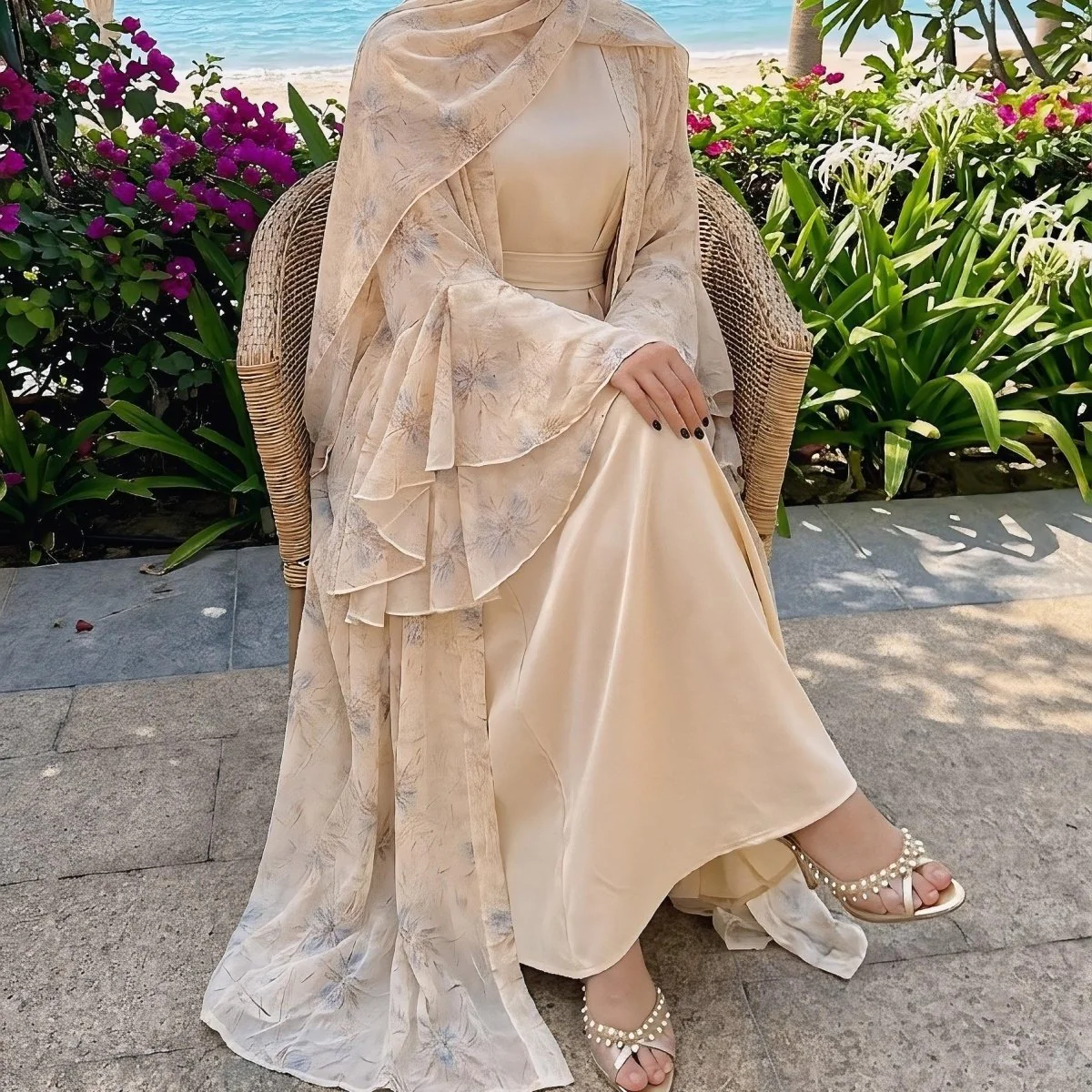 Floral Chiffon 3-Piece Open Abaya Set(MOA301) - Image 4