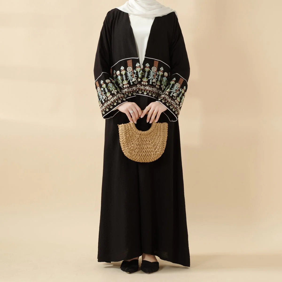 Floral Embroidered Crepe Open Abaya (MOA128) - Image 3