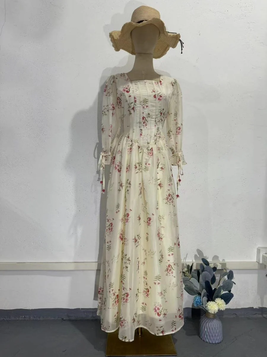 Floral Fairy Romantic Square Neck Bubble Sleeve Gown Dress Abaya with Back Lace-Up Detail (MA224) - Image 10