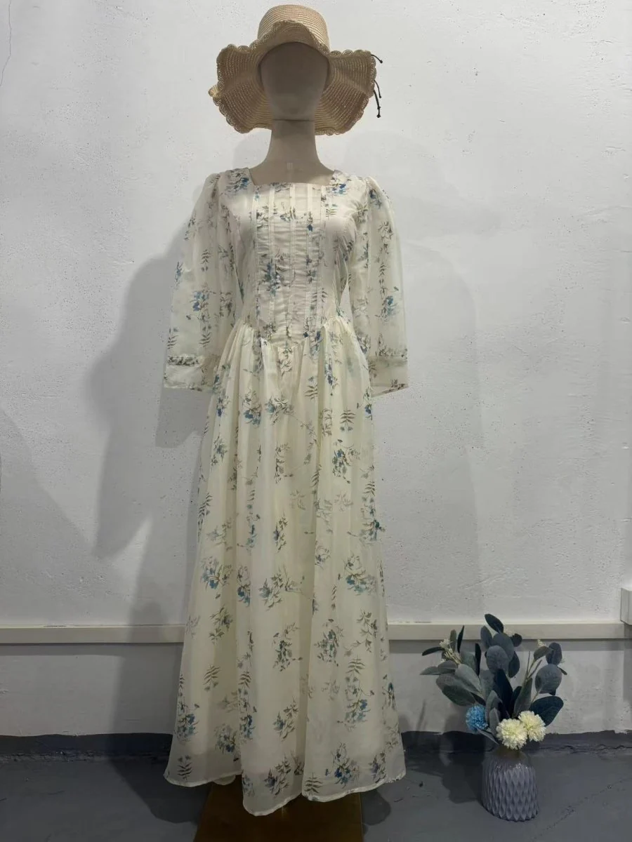 Floral Fairy Romantic Square Neck Bubble Sleeve Gown Dress Abaya with Back Lace-Up Detail (MA224) - Image 11