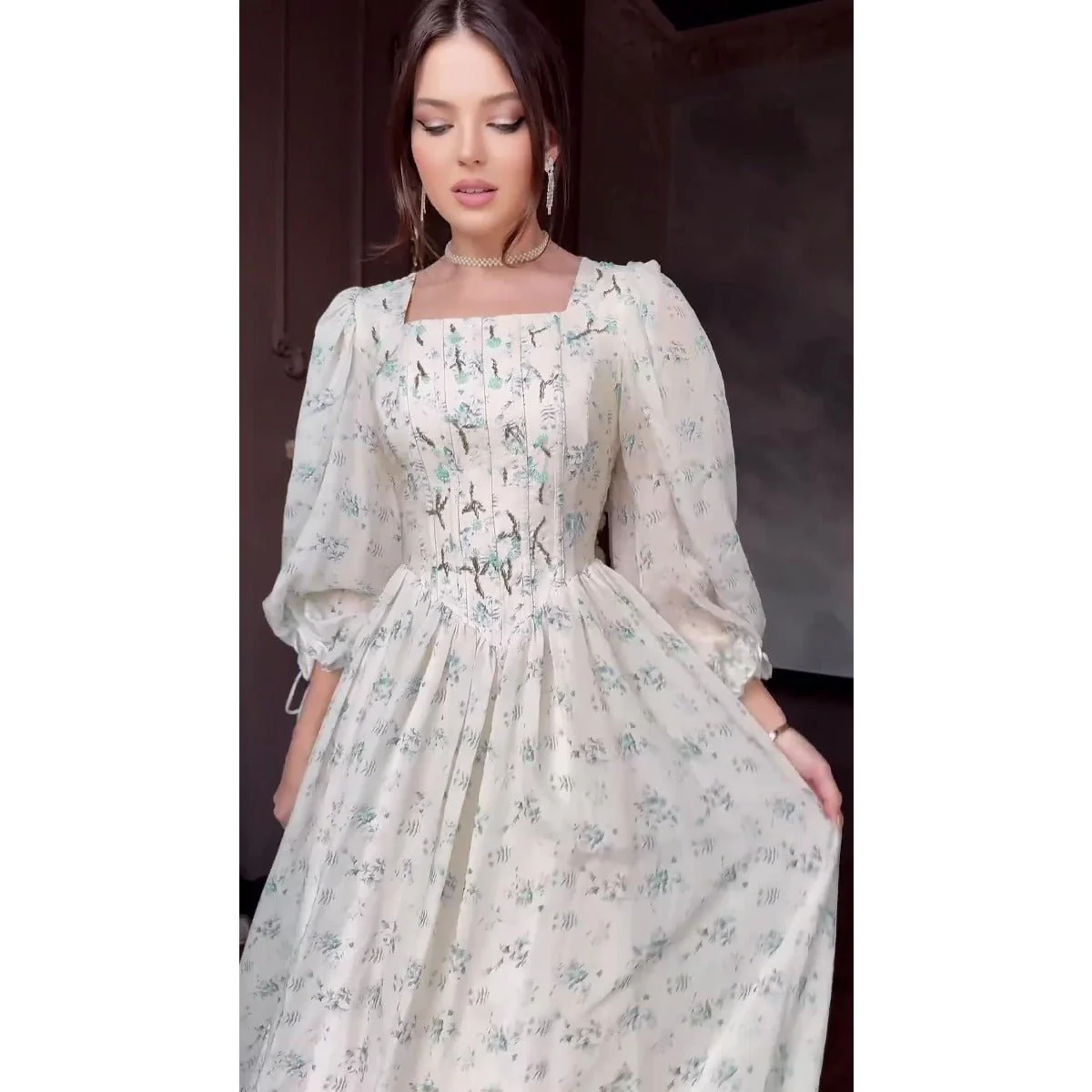 Floral Fairy Romantic Square Neck Bubble Sleeve Gown Dress Abaya with Back Lace-Up Detail (MA224) - Image 3