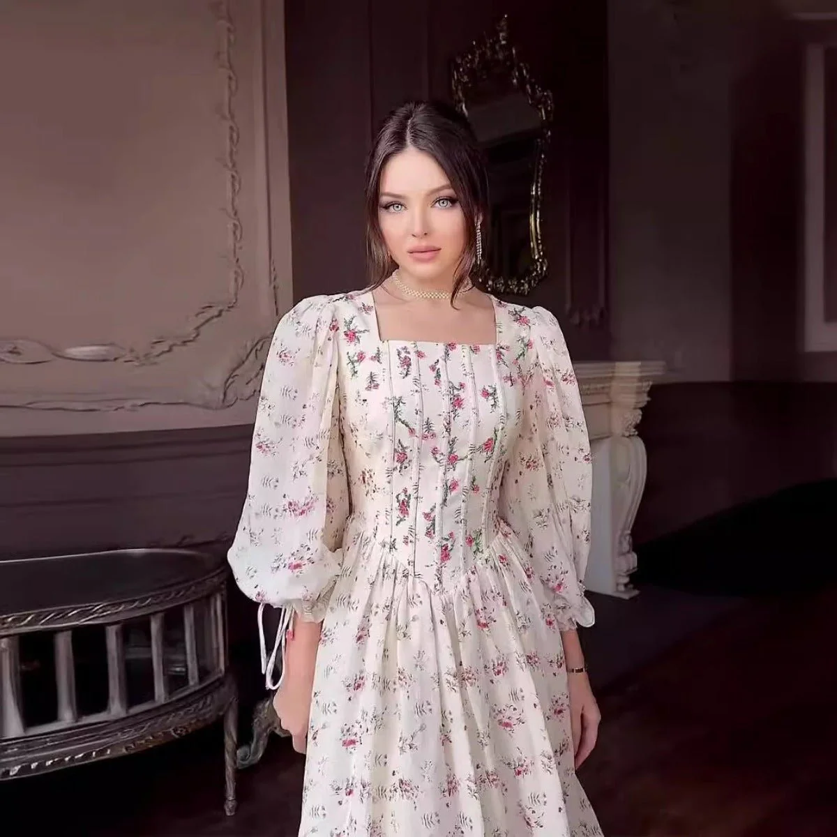 Floral Fairy Romantic Square Neck Bubble Sleeve Gown Dress Abaya with Back Lace-Up Detail (MA224) - Image 5