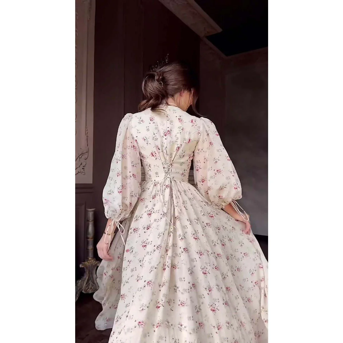 Floral Fairy Romantic Square Neck Bubble Sleeve Gown Dress Abaya with Back Lace-Up Detail (MA224) - Image 7
