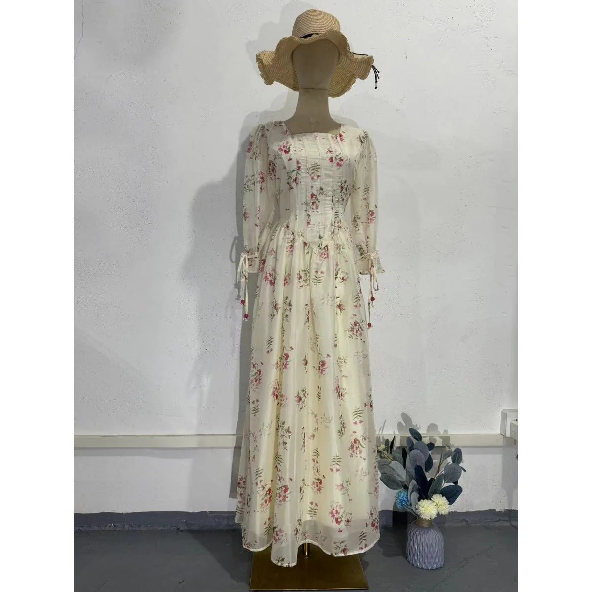 Floral Fairy Romantic Square Neck Bubble Sleeve Gown Dress Abaya with Back Lace-Up Detail (MA224) - Image 8