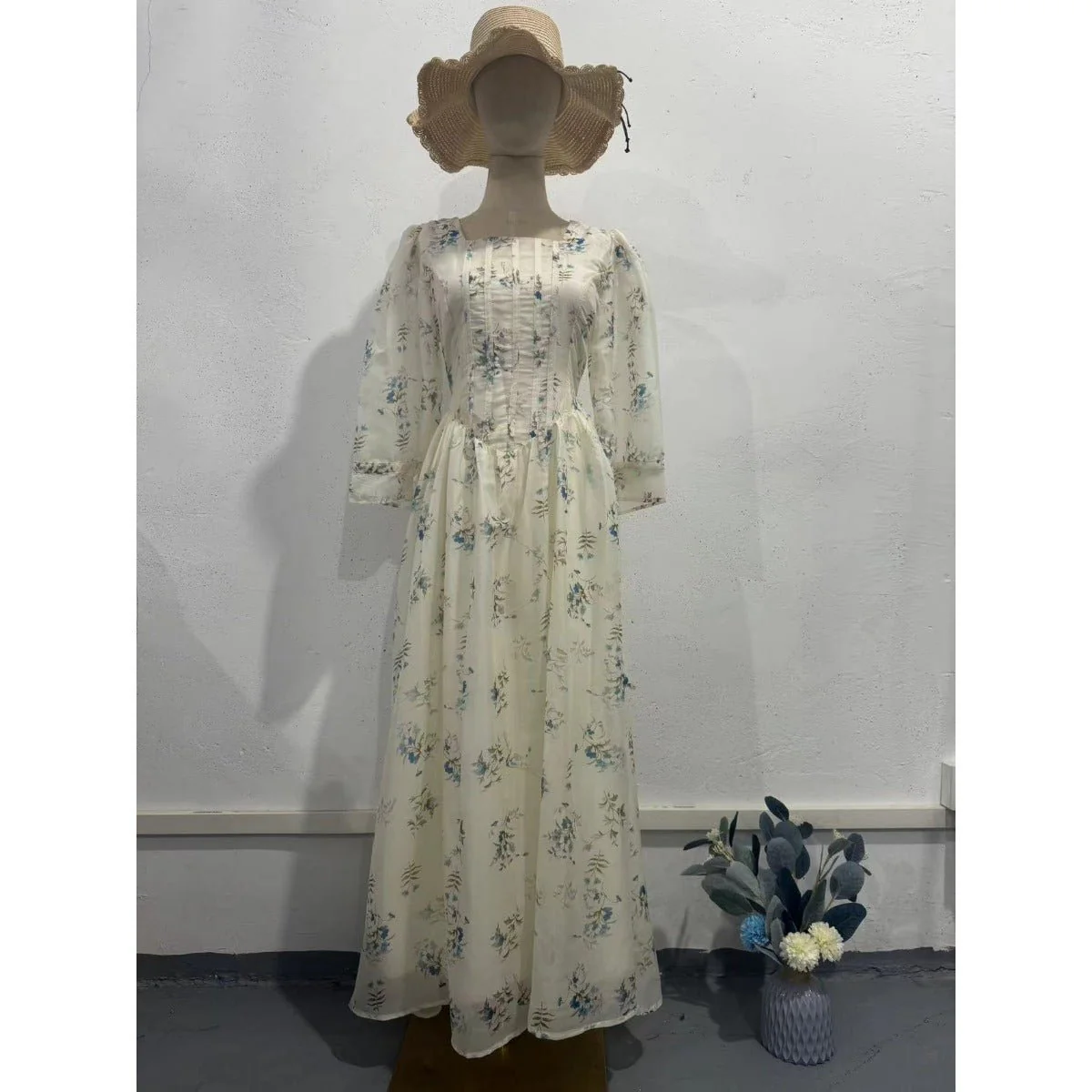 Floral Fairy Romantic Square Neck Bubble Sleeve Gown Dress Abaya with Back Lace-Up Detail (MA224) - Image 9
