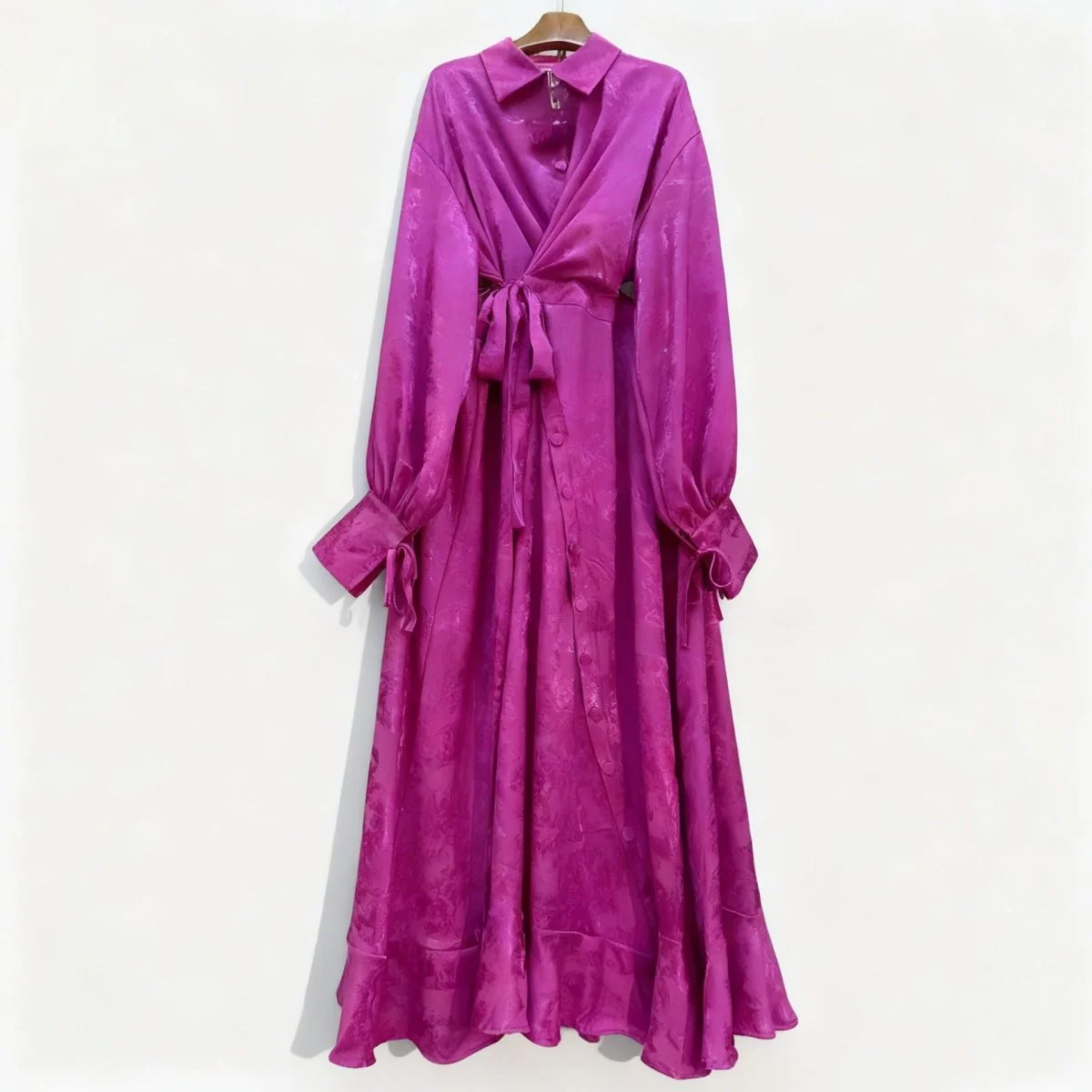 Floral Jacquard Wrap Dress | Collared Tie-Sleeve Maxi Dress(MS257) - Image 10