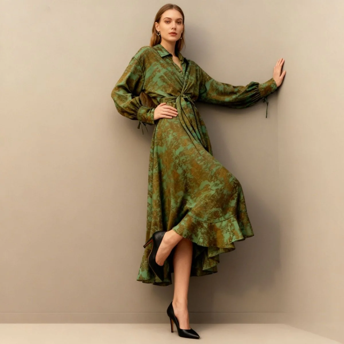 Floral Jacquard Wrap Dress | Collared Tie-Sleeve Maxi Dress(MS257) - Image 11