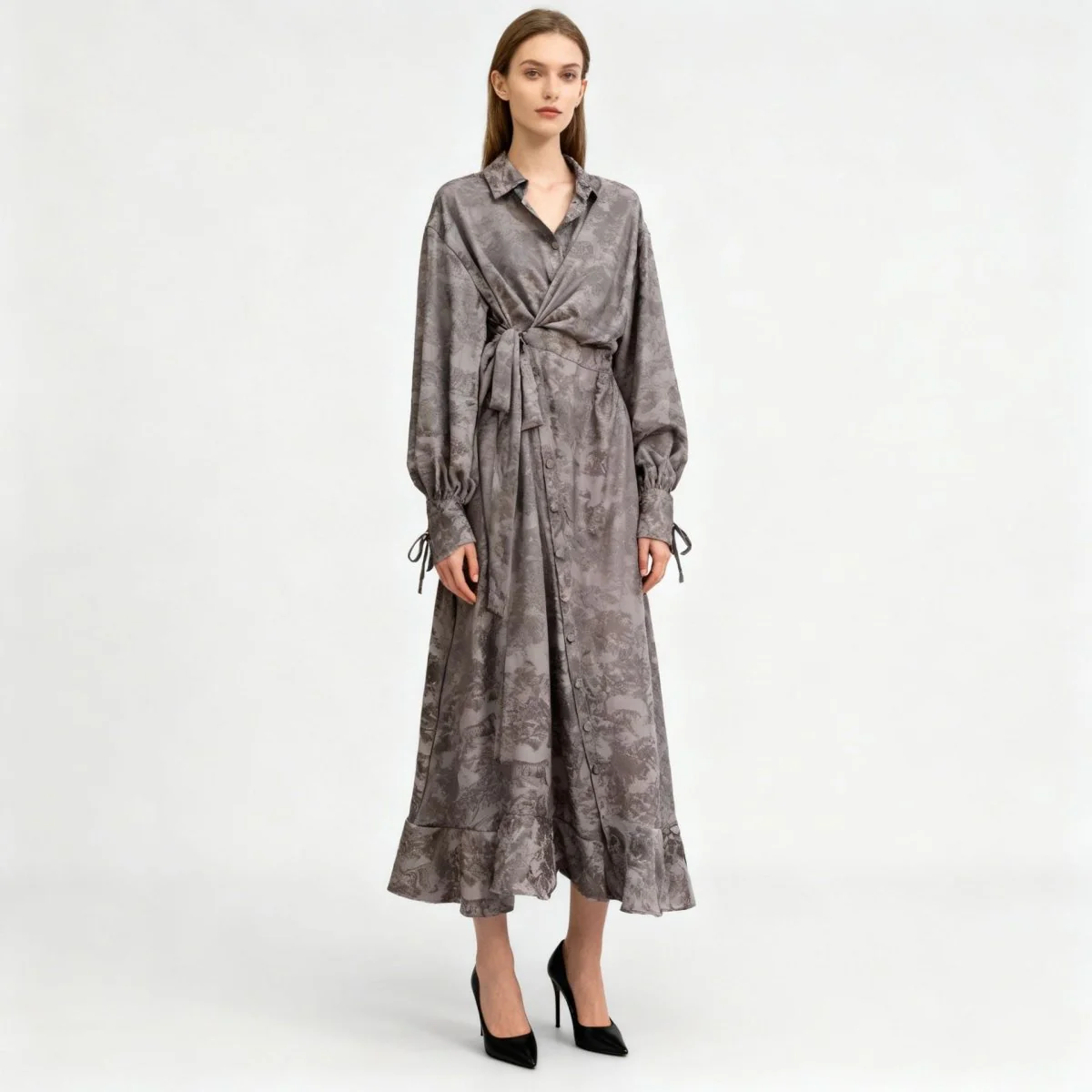 Floral Jacquard Wrap Dress | Collared Tie-Sleeve Maxi Dress(MS257) - Image 12