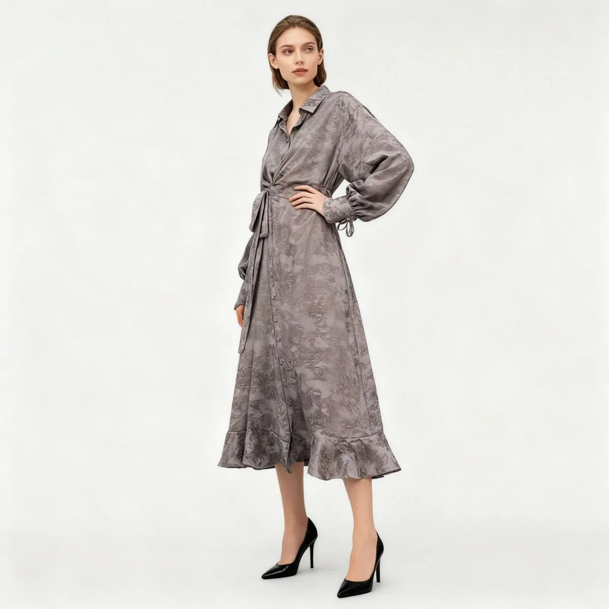 Floral Jacquard Wrap Dress | Collared Tie-Sleeve Maxi Dress(MS257) - Image 13