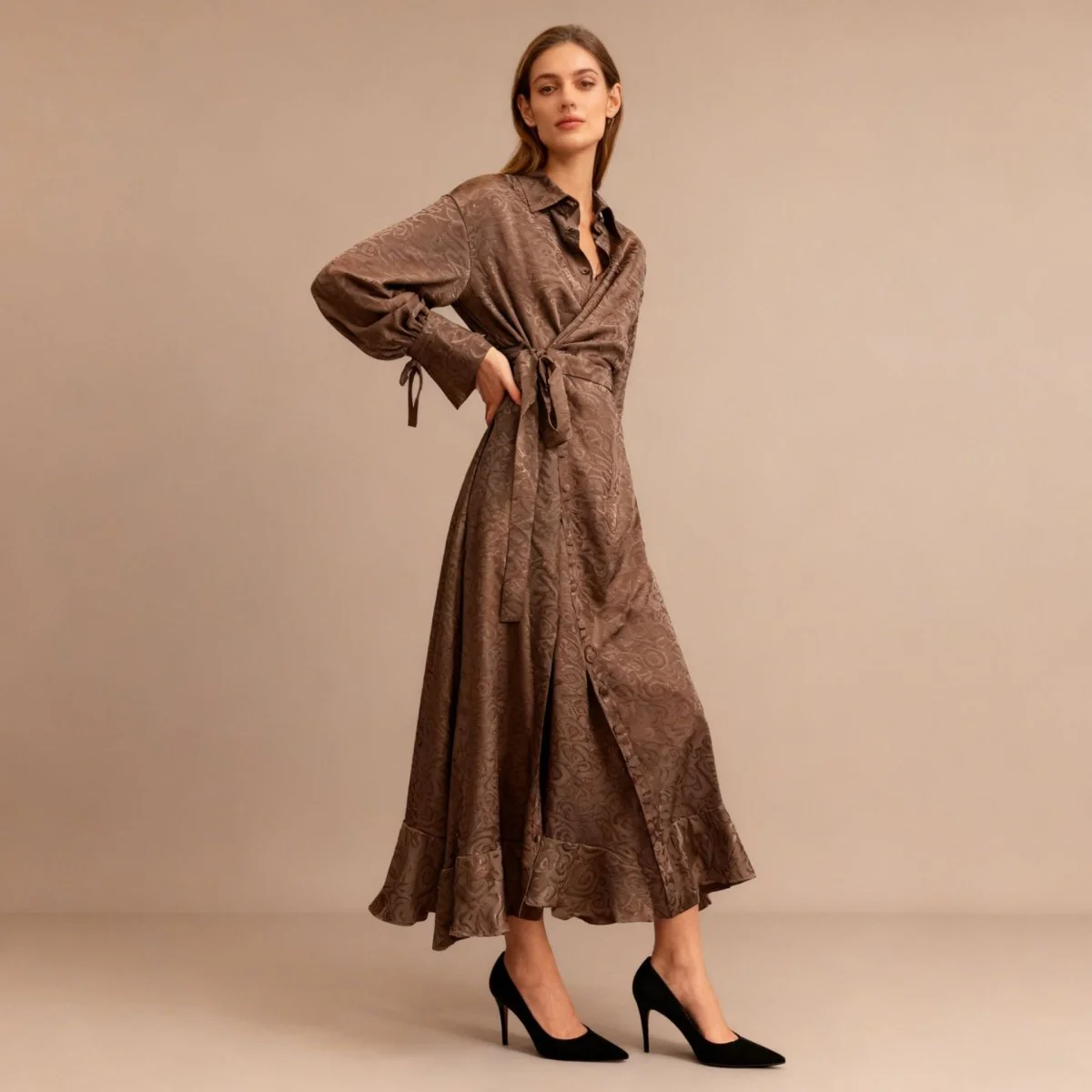 Floral Jacquard Wrap Dress | Collared Tie-Sleeve Maxi Dress(MS257) - Image 14