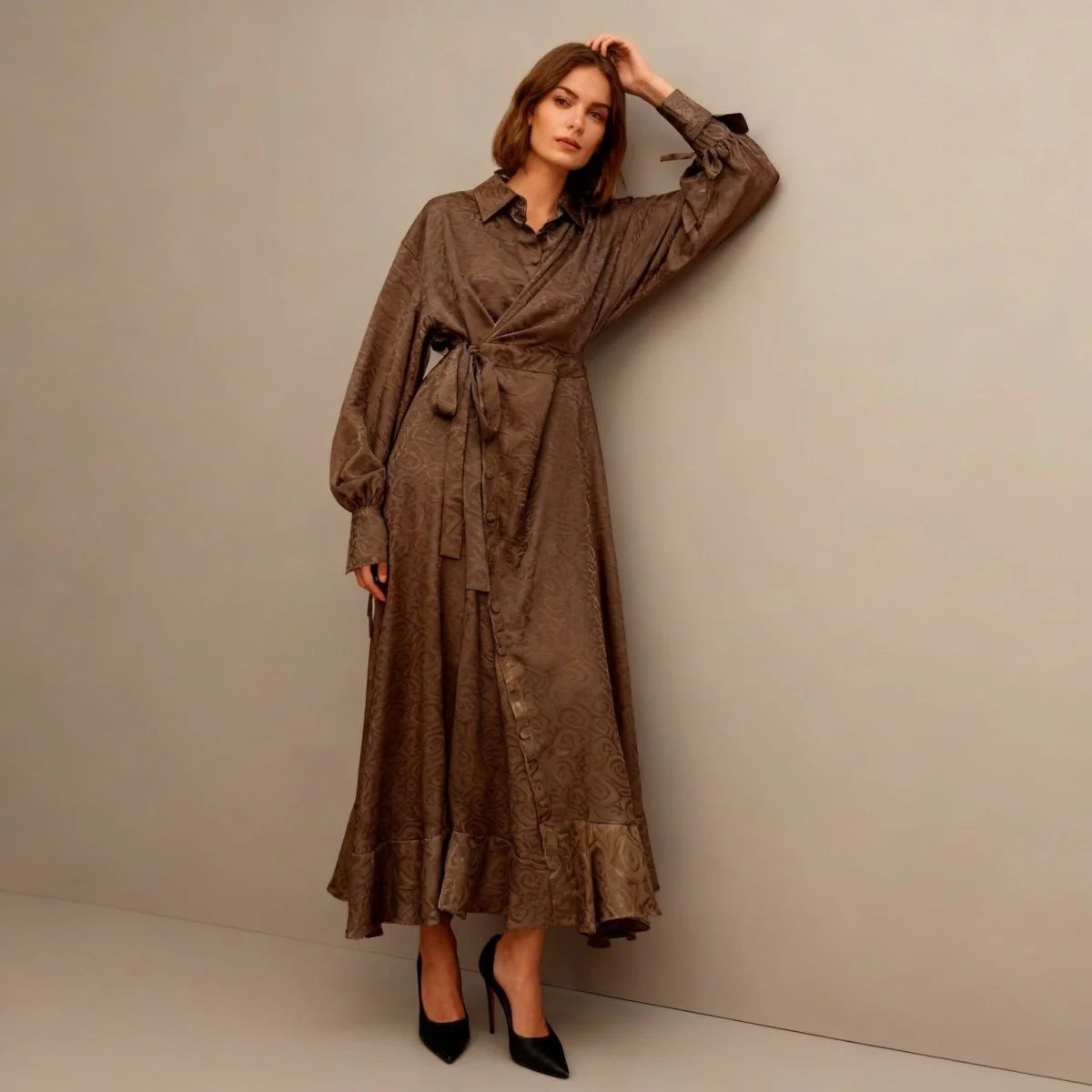 Floral Jacquard Wrap Dress | Collared Tie-Sleeve Maxi Dress(MS257) - Image 15