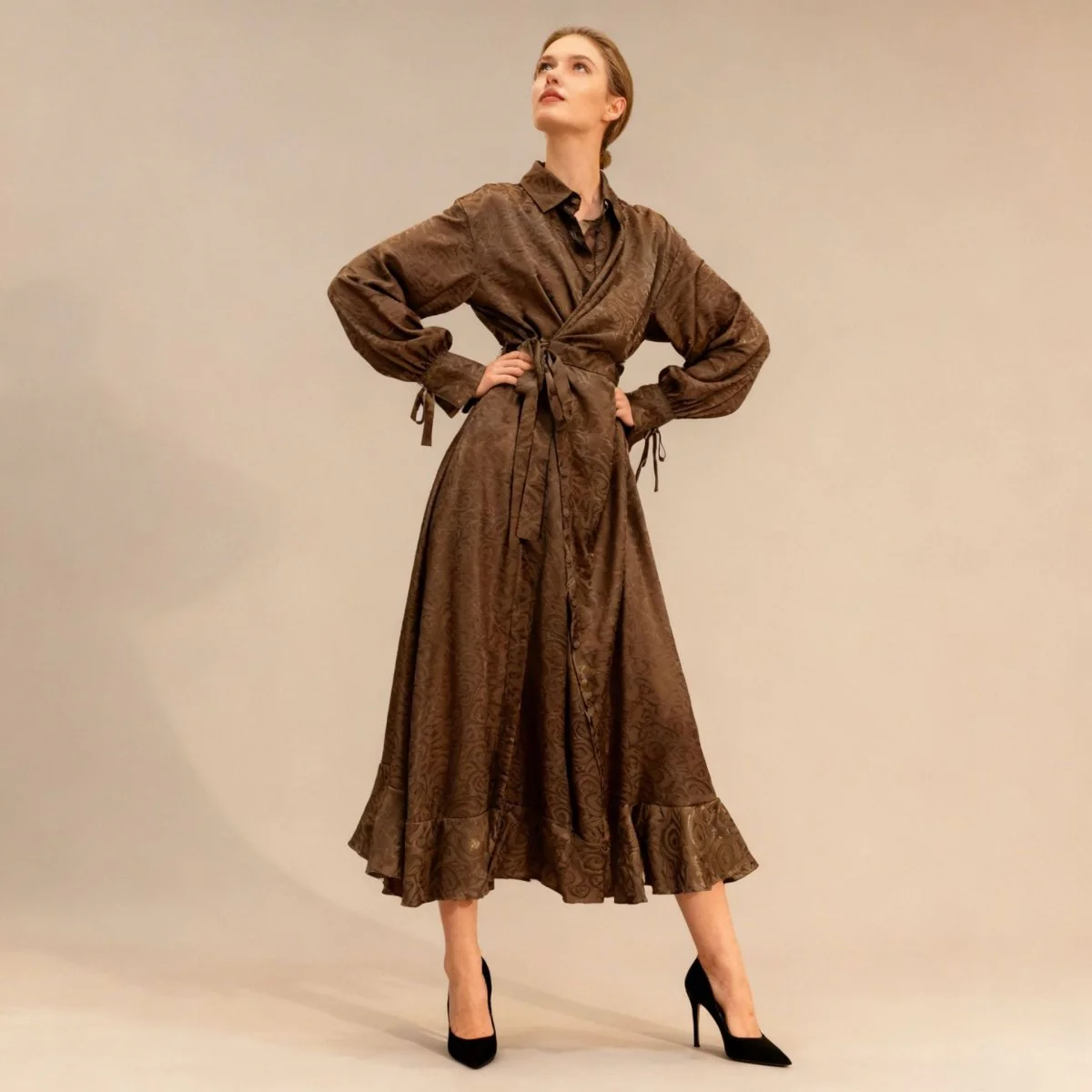 Floral Jacquard Wrap Dress | Collared Tie-Sleeve Maxi Dress(MS257) - Image 16