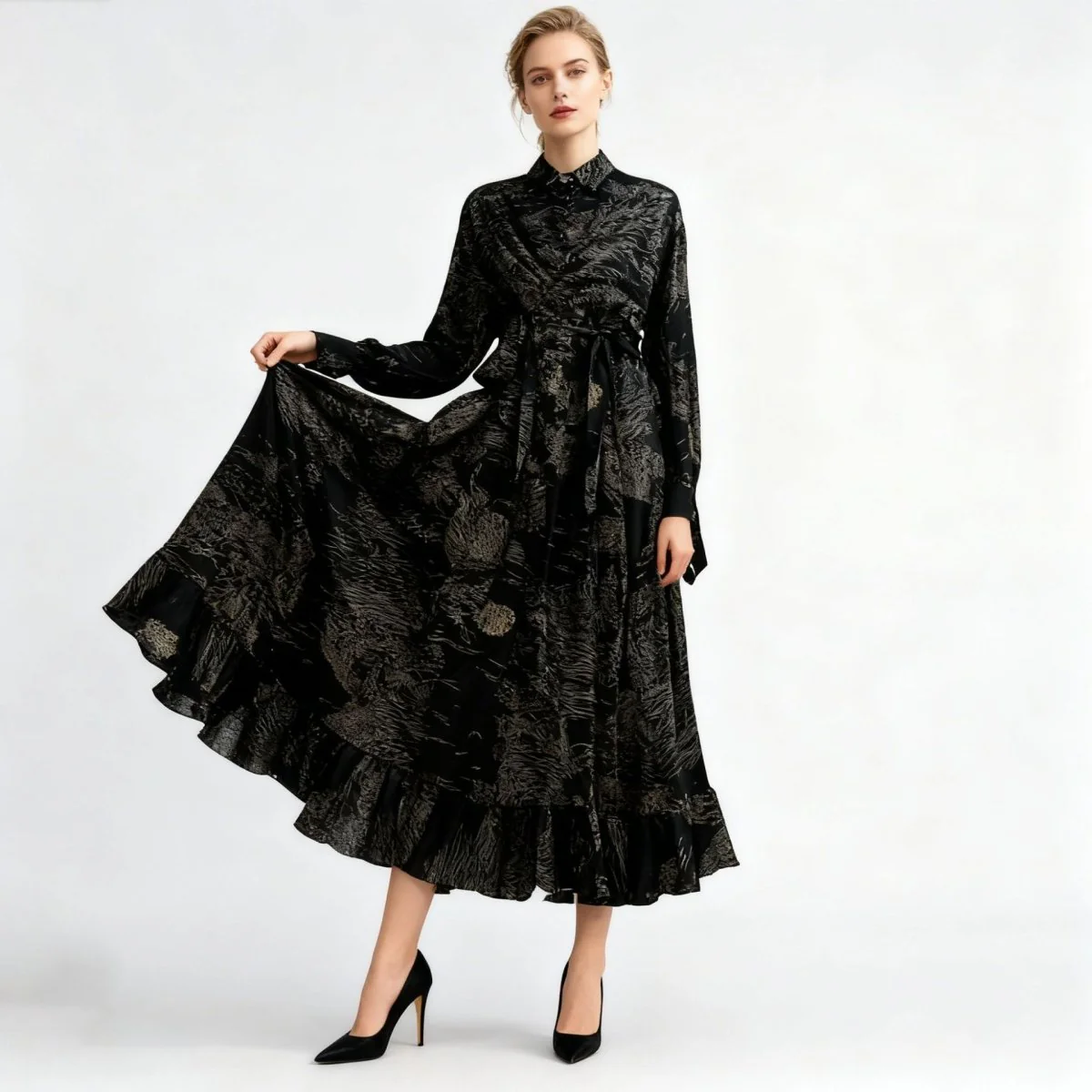 Floral Jacquard Wrap Dress | Collared Tie-Sleeve Maxi Dress(MS257) - Image 17