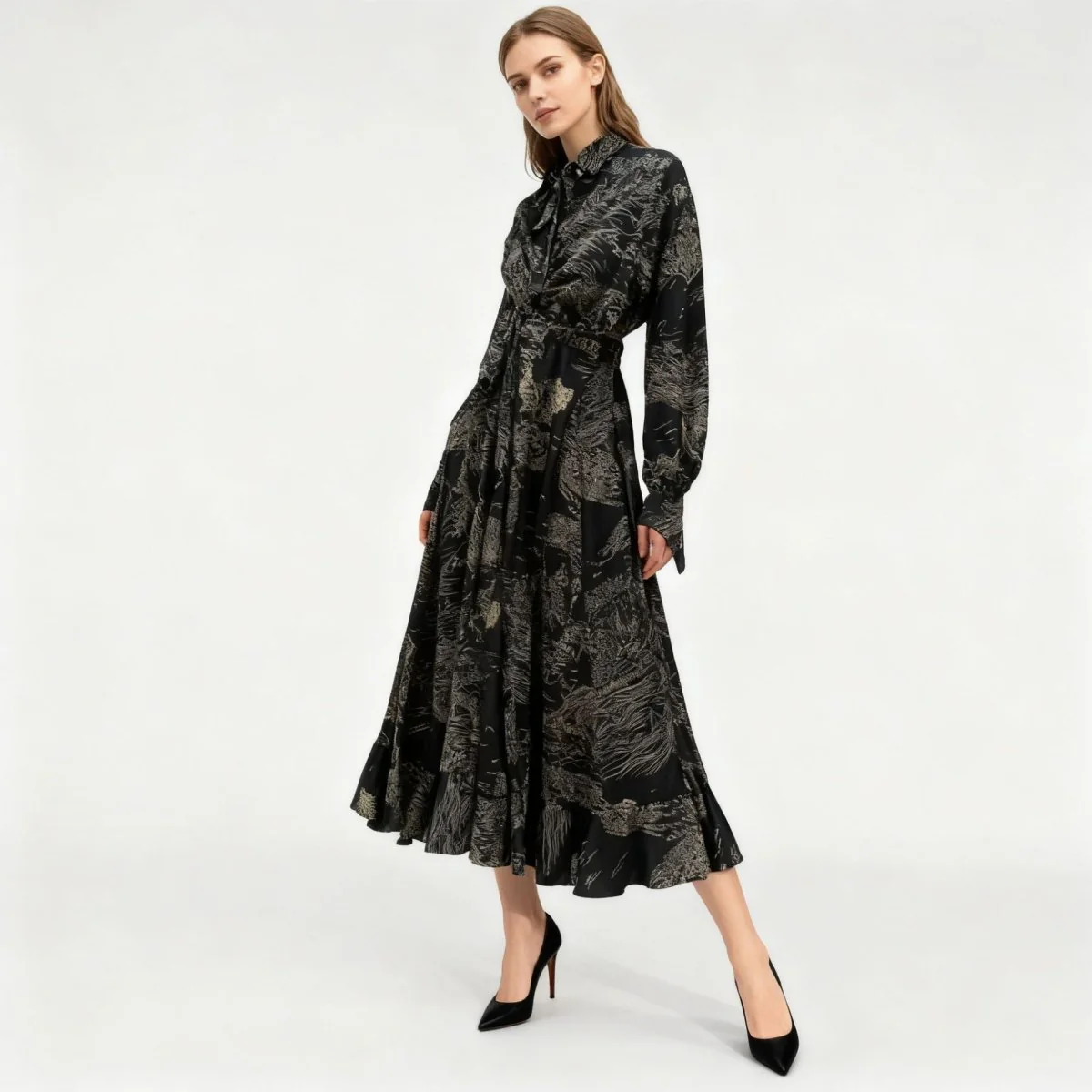 Floral Jacquard Wrap Dress | Collared Tie-Sleeve Maxi Dress(MS257) - Image 18
