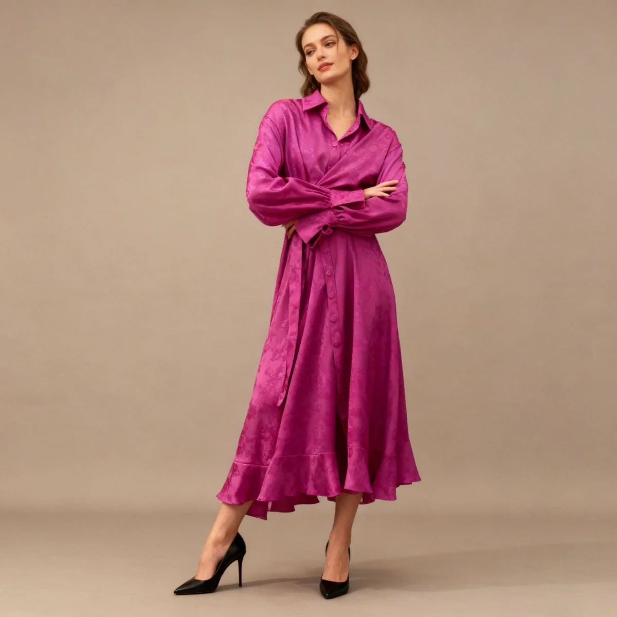 Floral Jacquard Wrap Dress | Collared Tie-Sleeve Maxi Dress(MS257) - Image 19