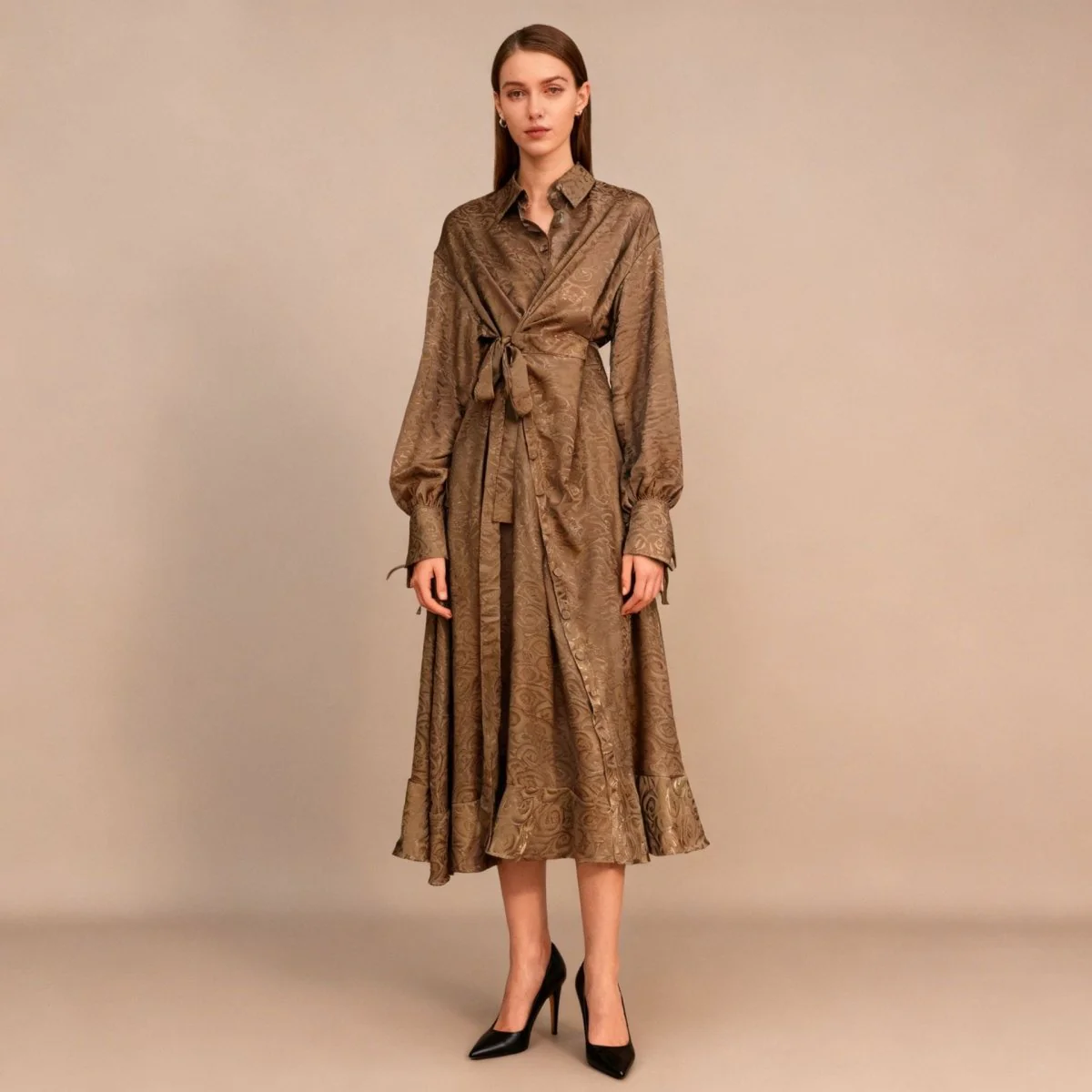 Floral Jacquard Wrap Dress | Collared Tie-Sleeve Maxi Dress(MS257) - Image 3