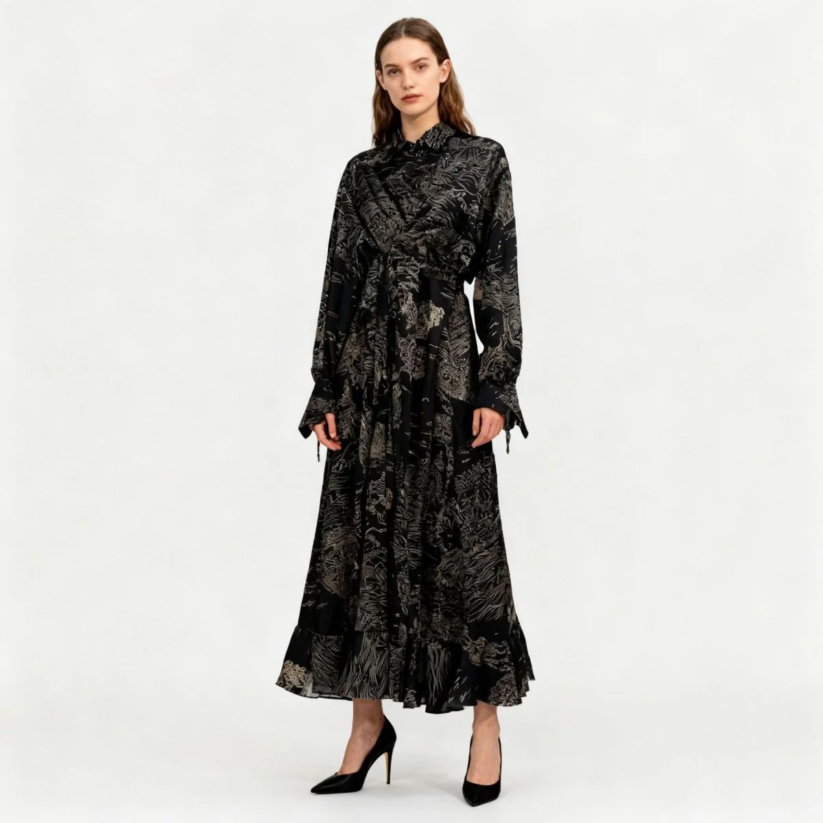 Floral Jacquard Wrap Dress | Collared Tie-Sleeve Maxi Dress(MS257) - Image 4