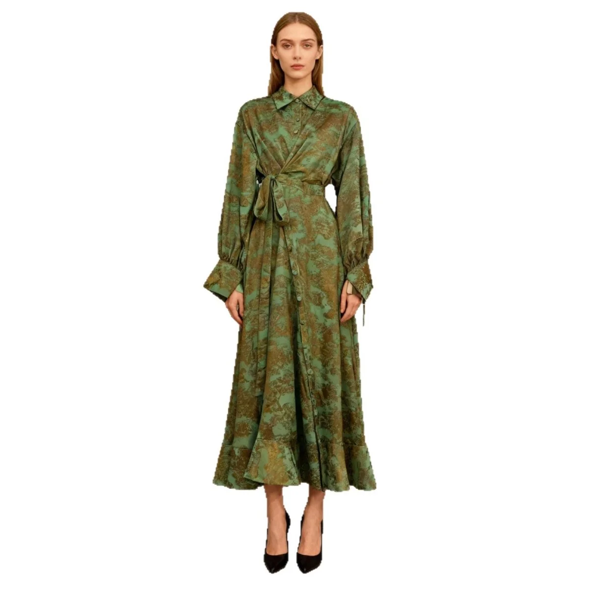 Floral Jacquard Wrap Dress | Collared Tie-Sleeve Maxi Dress(MS257) - Image 5