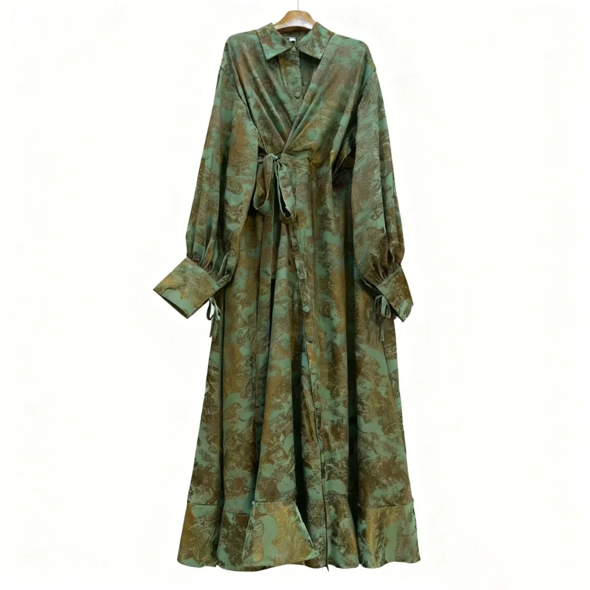 Floral Jacquard Wrap Dress | Collared Tie-Sleeve Maxi Dress(MS257) - Image 6