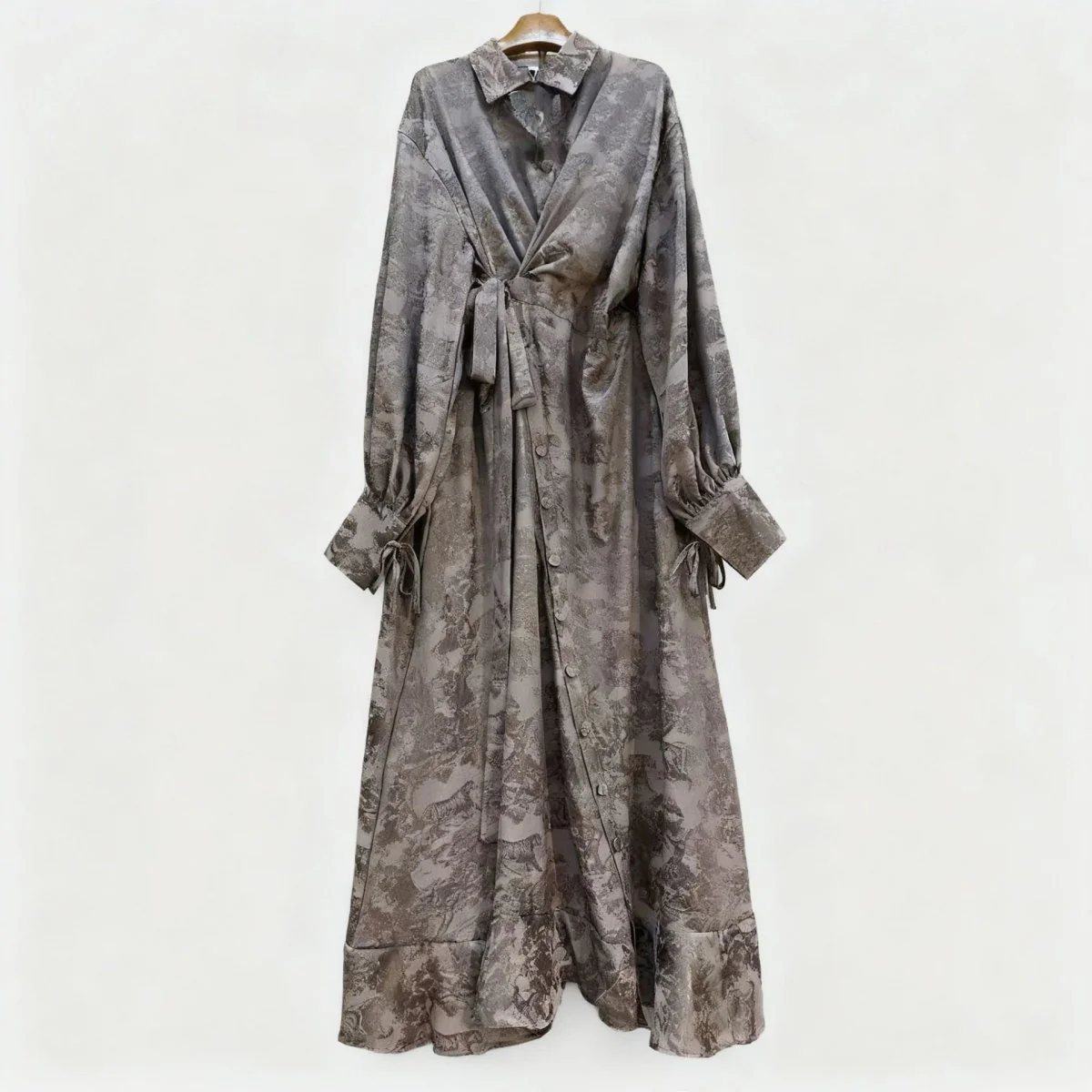 Floral Jacquard Wrap Dress | Collared Tie-Sleeve Maxi Dress(MS257) - Image 7